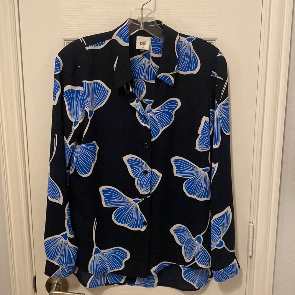 Cabi Floral Black and Blue Button Down Blouse